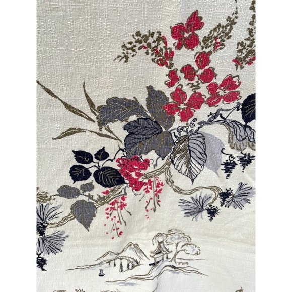 Vintage 1940s Salvaged Barkcloth Curtain Fabric Panels Floral Pagoda Houses - Picture 7 of 16